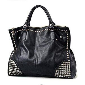 Black Vegan Leather Rivet Satchel Tote Top Handle Shoulder Bag Adjustable Strap